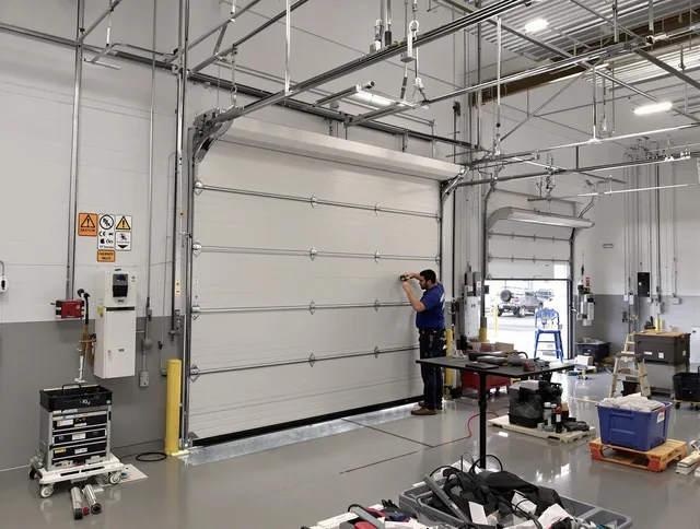 Commercial garage door repair being performed by Delray Beach Garage Door Repair expert in Delray Beach
