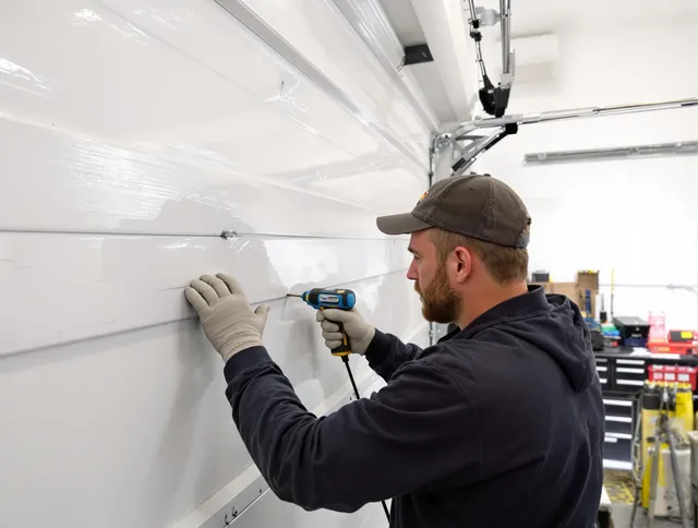 Delray Beach Garage Door Repair technician demonstrating precision dent removal techniques on a Delray Beach garage door