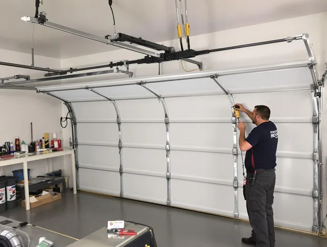 Delray Beach Garage Door Repair certified technician performing overhead door system repair in Delray Beach