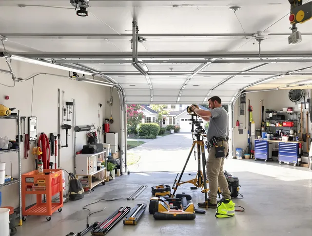 Delray Beach Garage Door Repair specialist performing laser-guided track alignment in Delray Beach